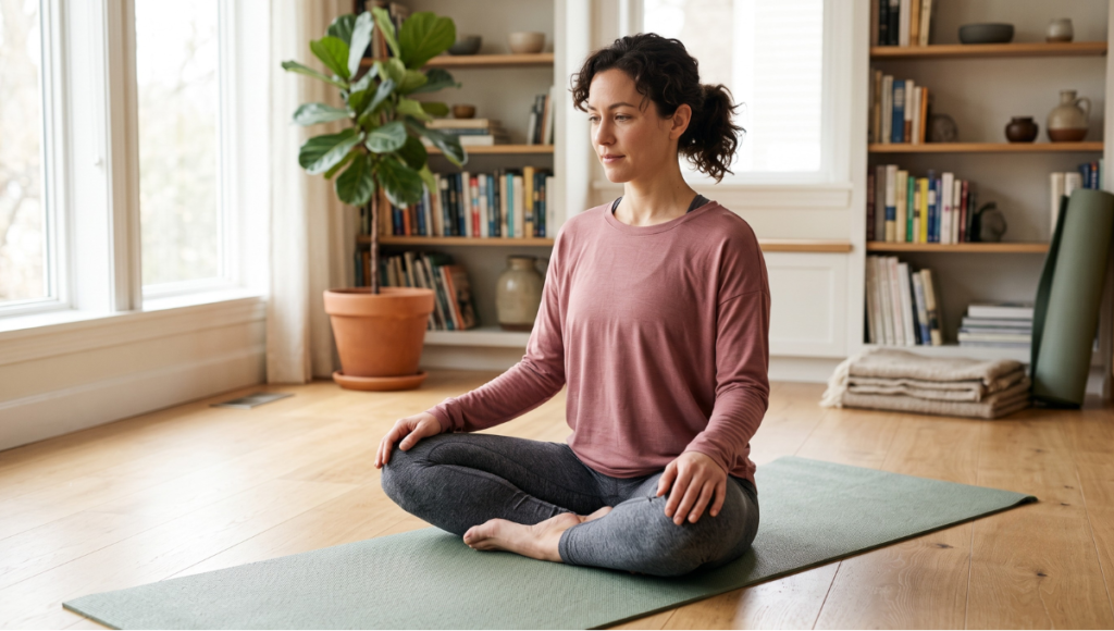 Adult woman practicing a pelvic floor exercise in a wellness setting