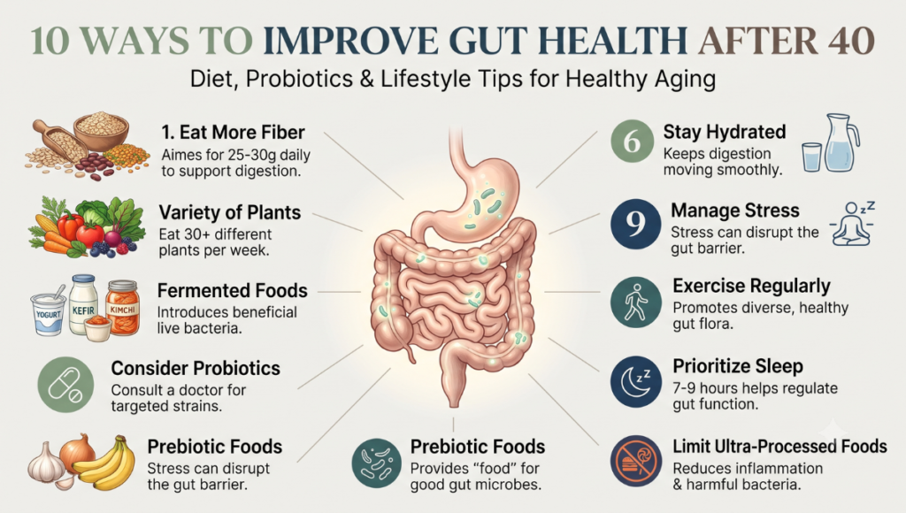 How to Improve Gut Health After 40: Diet, Probiotics & Lifestyle Tips